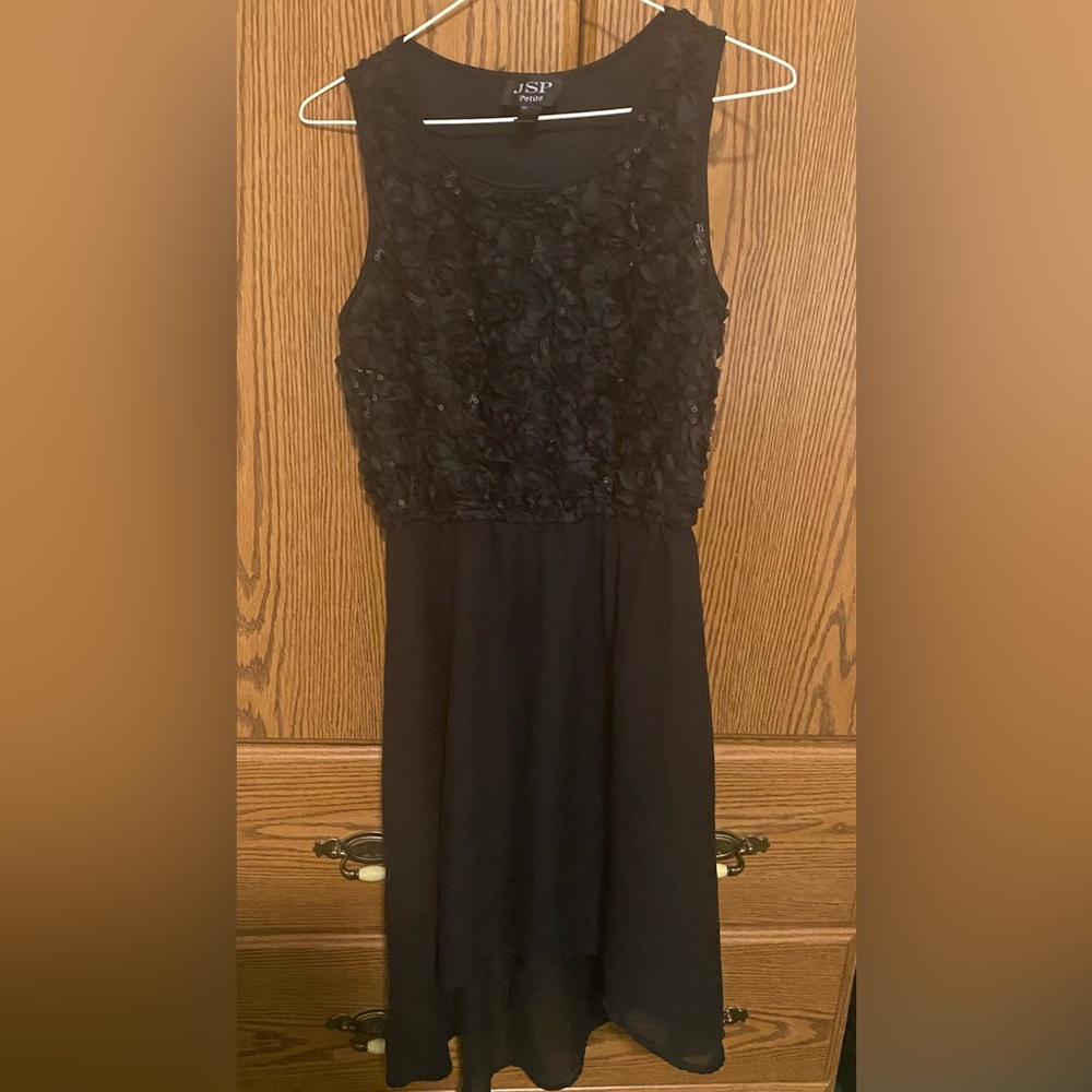 Black dress with sequence design on top.